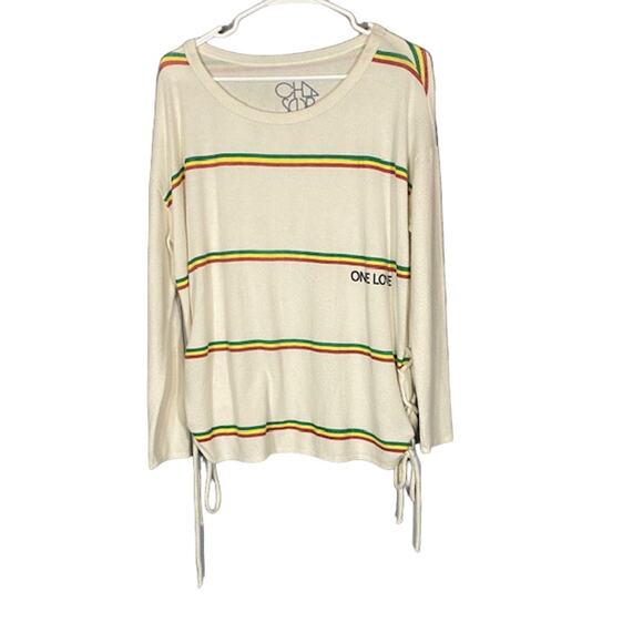 Chaser Cream Rainbow Striped One Love Long Sleeve Sweater Women Sz M - Picture 8 of 11